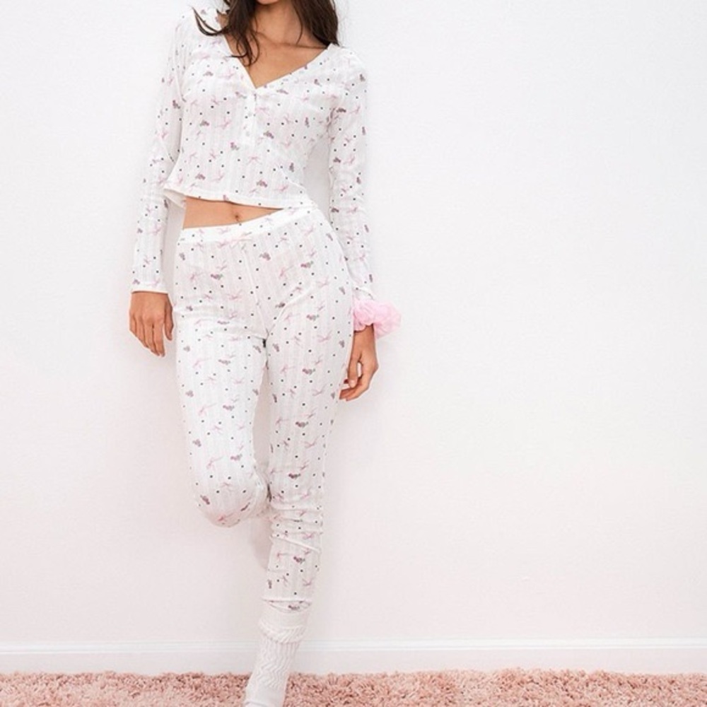 RARE SOLD OUT For Love & Lemons Pointelle Sleep Set Floral Bow Print Long Johns